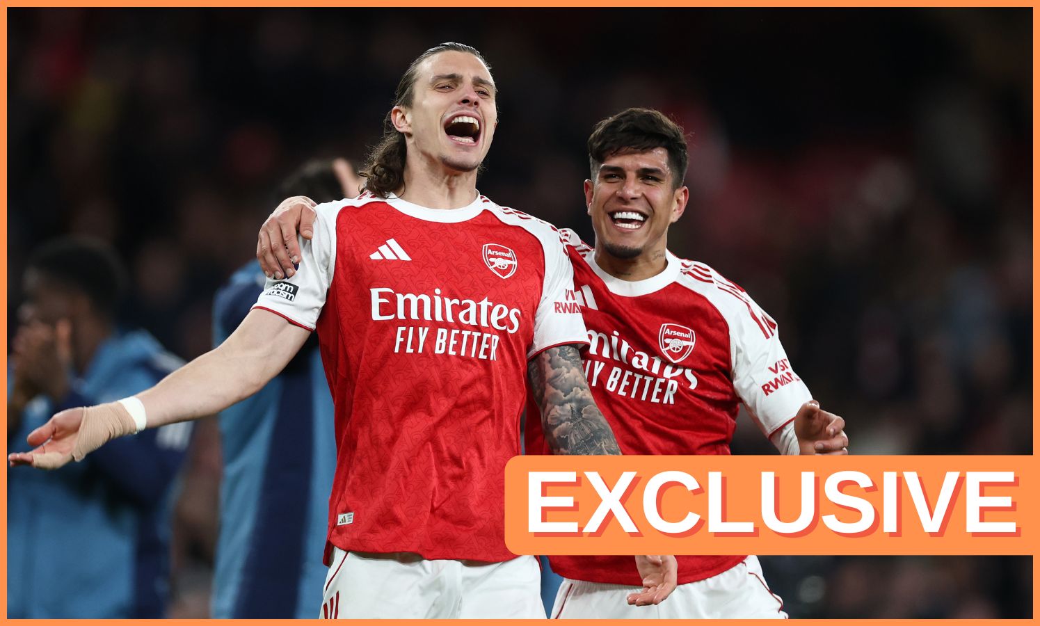 Riccardo Calafiori celebrates with Arsenal teammate Piero Hincapie