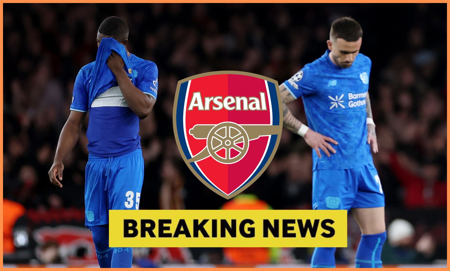 Christian Kofane, the Arsenal FC logo, and 'breaking news' banner