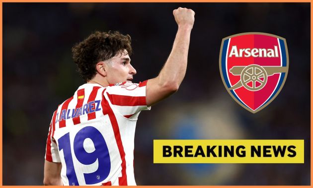 Julian Alvarez celebrates a goal for Atletico Madrid, and 'breaking news' banner