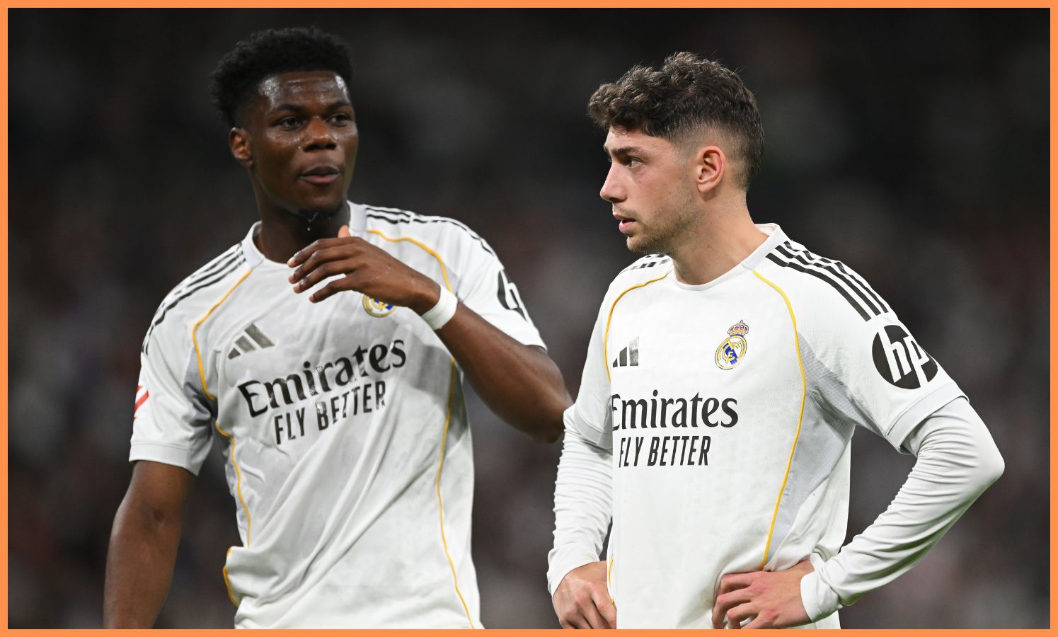 Aurelien Tchouameni and Federico Valverde of Real Madrid