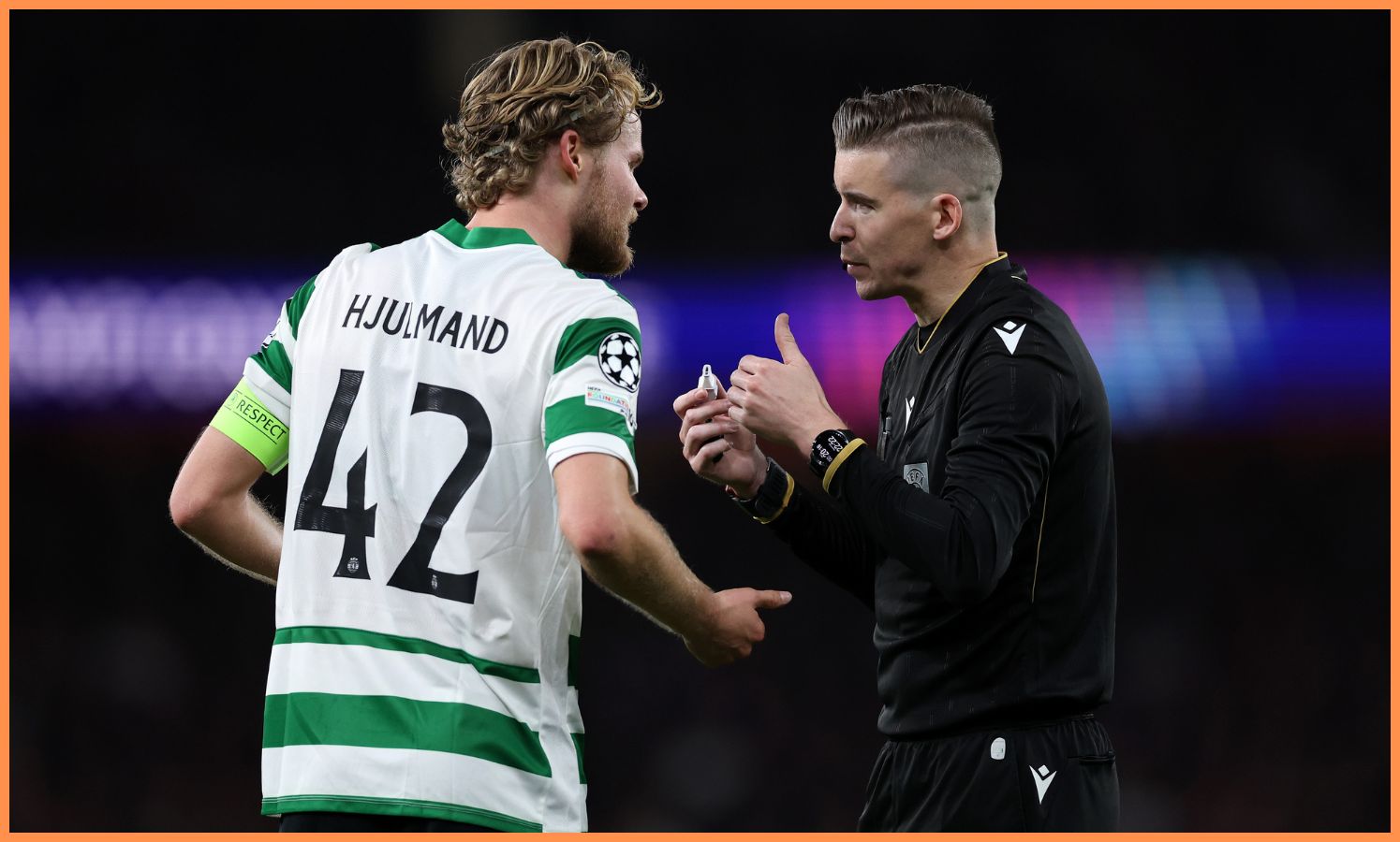 Morten Hjulmand talks with the referee during Sporting Lisbon's Champions League game vs Arsenal