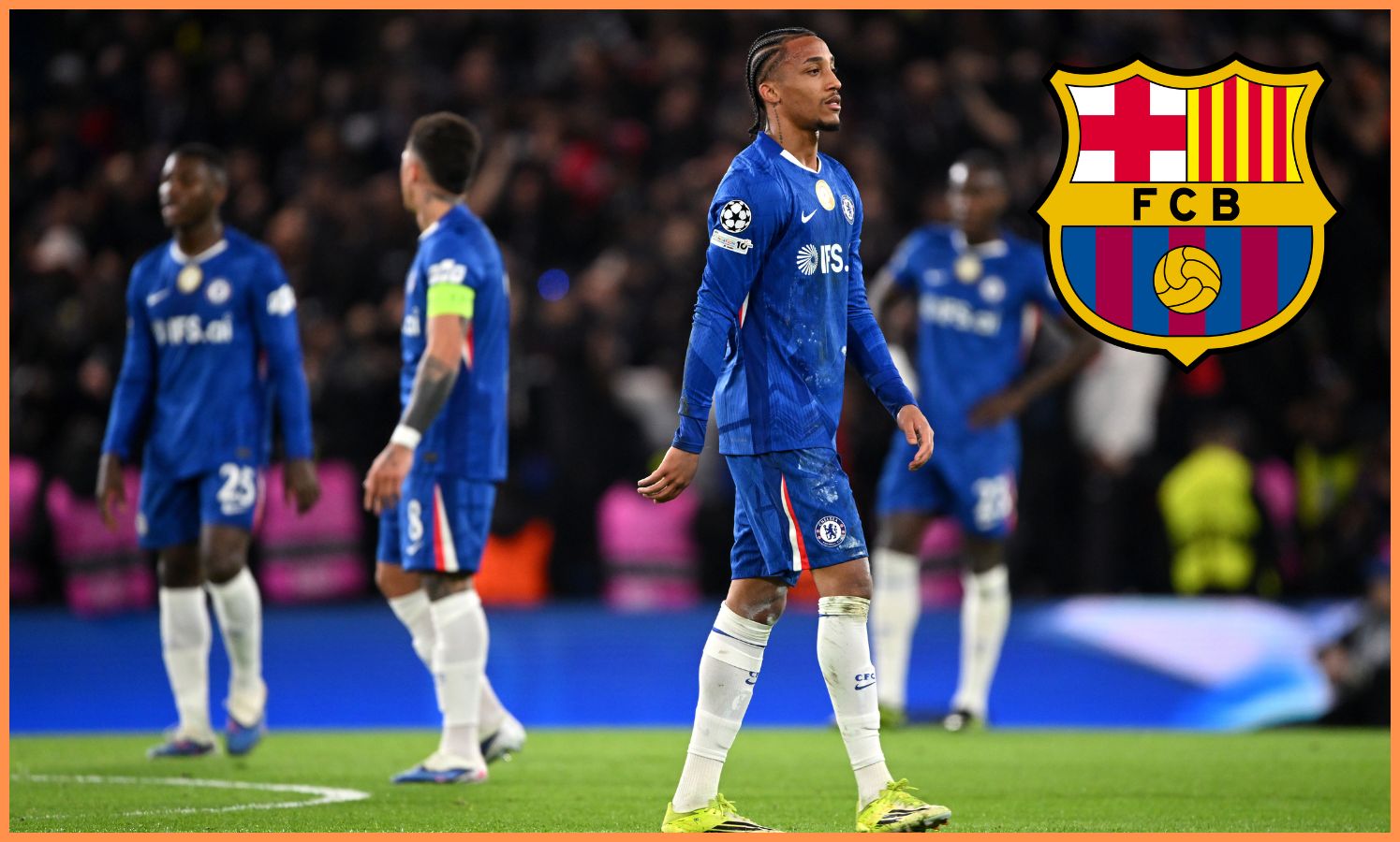 Joao Pedro of Chelsea, and the Barcelona logo