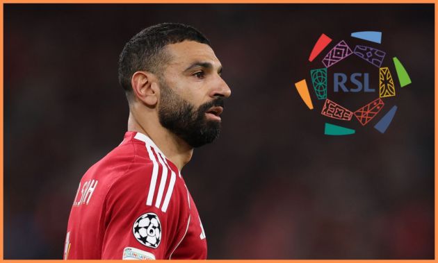 Mohamed Salah of Liverpool and the Saudi Pro League logo