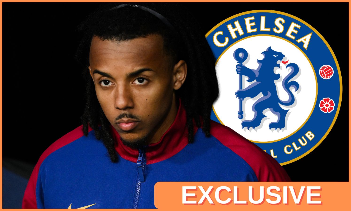 Jules Kounde of Barcelona and the Chelsea FC logo