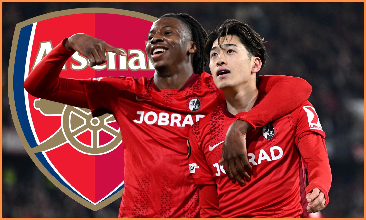 Johan Manzambi celebrates with Freiburg teammate Yuito Suzuki