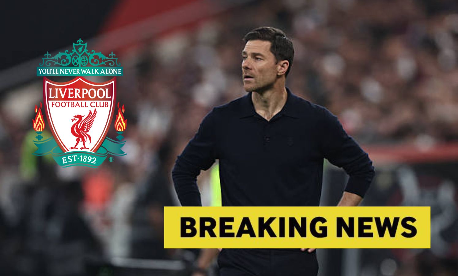 Xabi Alonso with overlay of breaking news and Liverpool badge