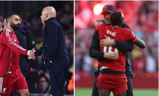 Split image of Mohamed Salah and Arne Slot and Jurgen Klopp and Sadio Mane