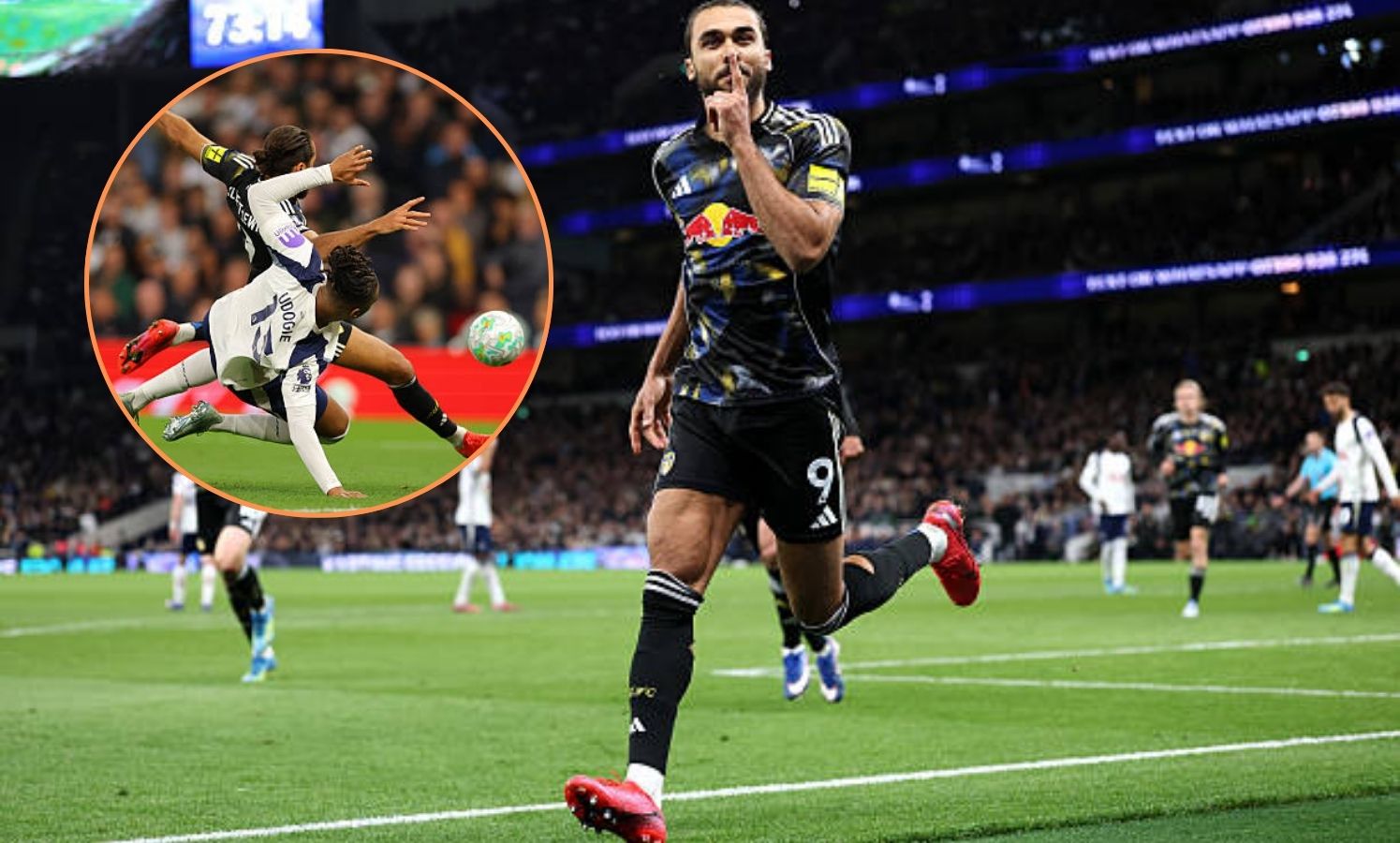 Calvert-Lewin scoring vs Tottenham with overlay of Mathys Tel conceding penalty