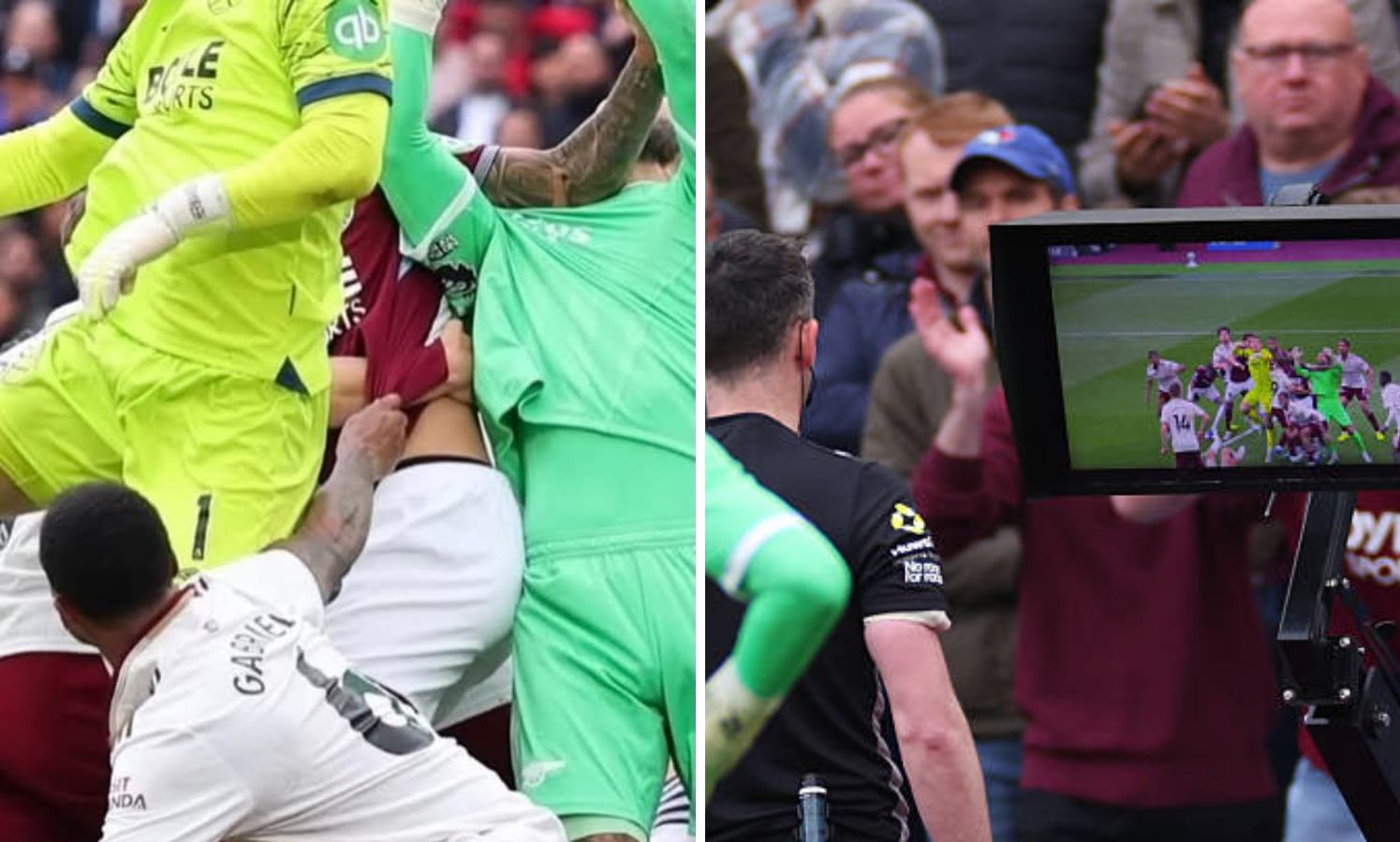 Split image of Gabriel pulling Pablo sirt and referee looking at VAR during Arsenal vs West Ham