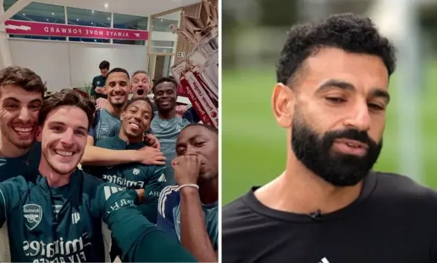 Split image of Arsenal players celebrating and Mohamed Salah during his August interview