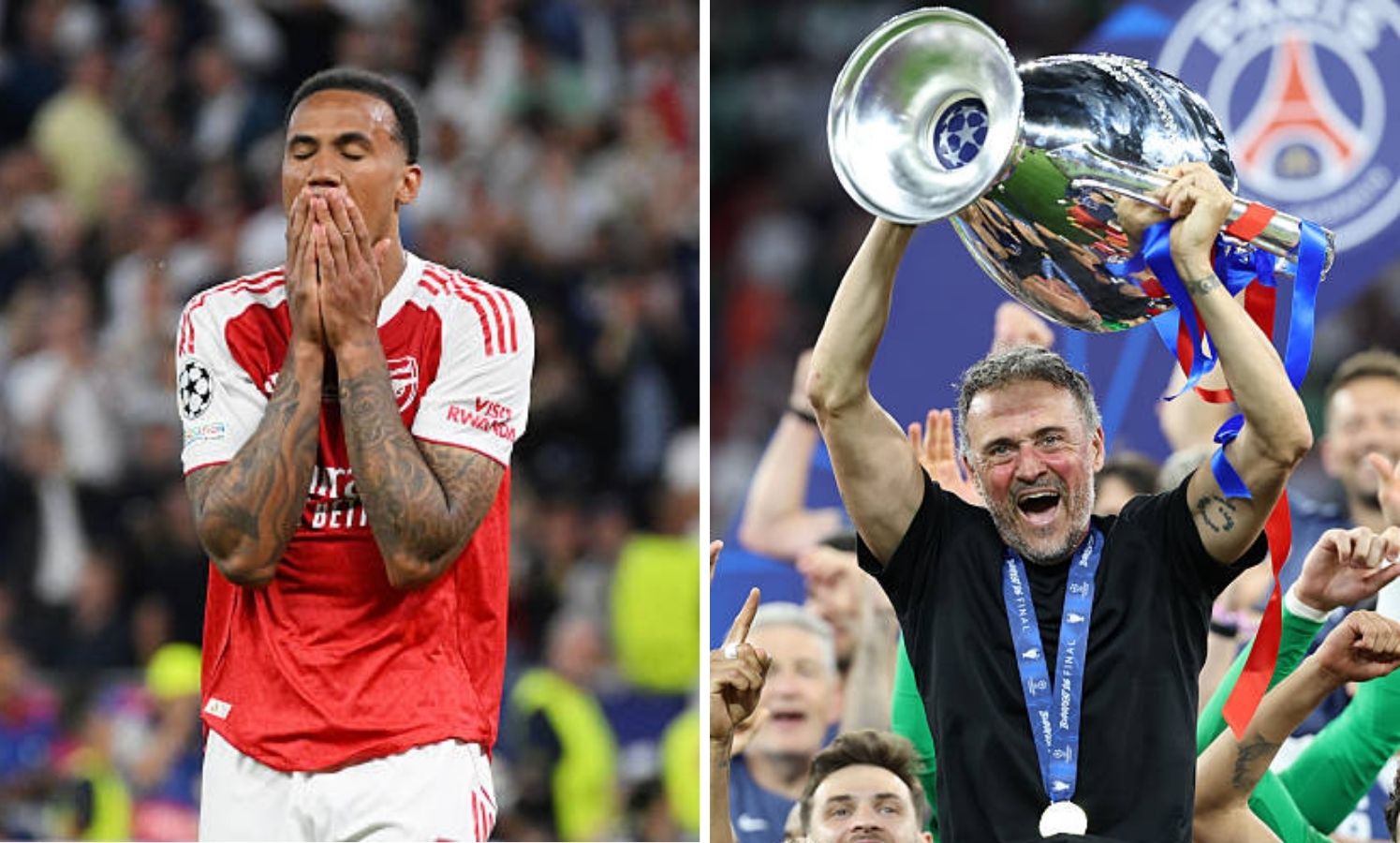 Split image of Gabriel and Luis Enrique lifting the trophy