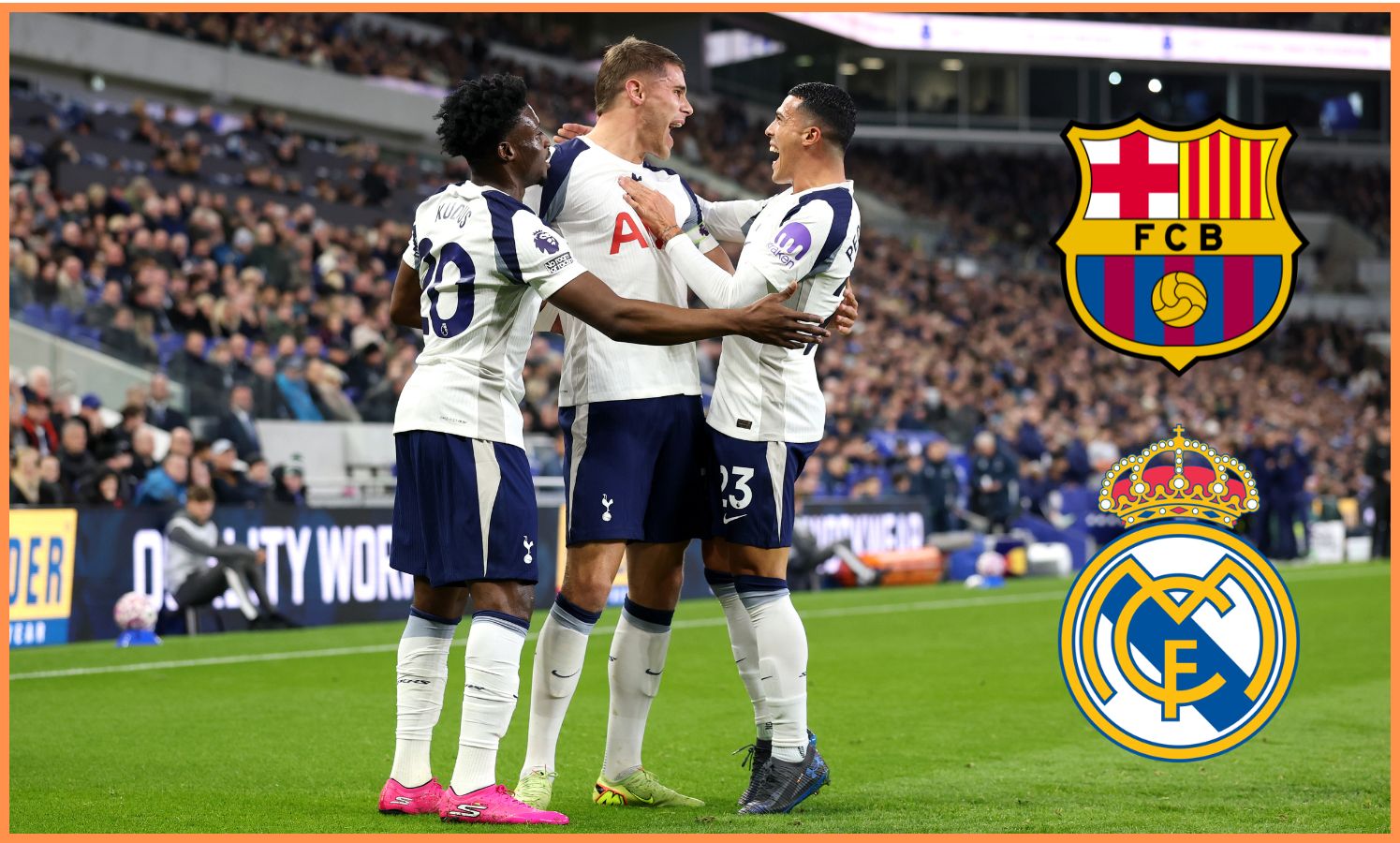 Pedro Porro celebrates with his Tottenham teammates