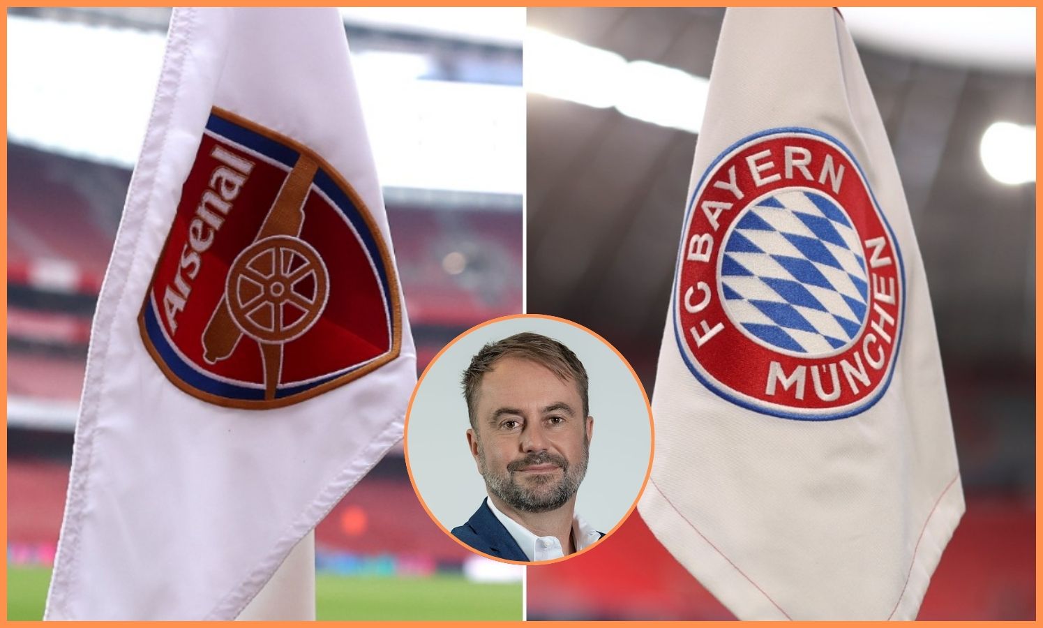 Arsenal, Bayern Munich logos, and Christian Falk
