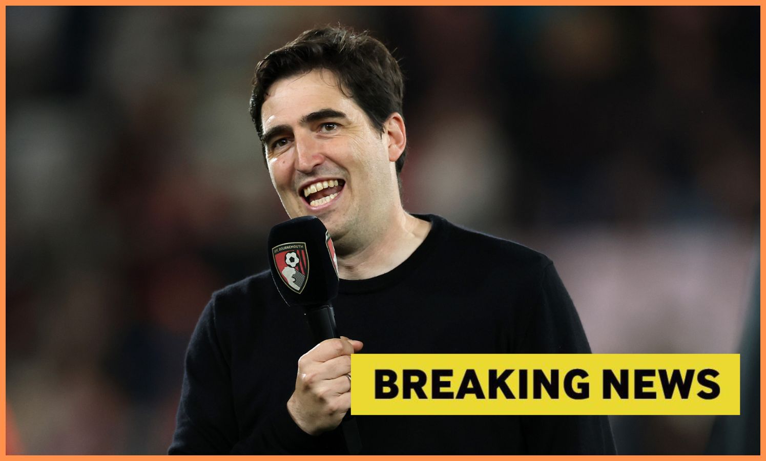 Andoni Iraola and 'breaking news' banner