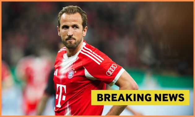 Bayern Munich striker Harry Kane and 'breaking news' banner