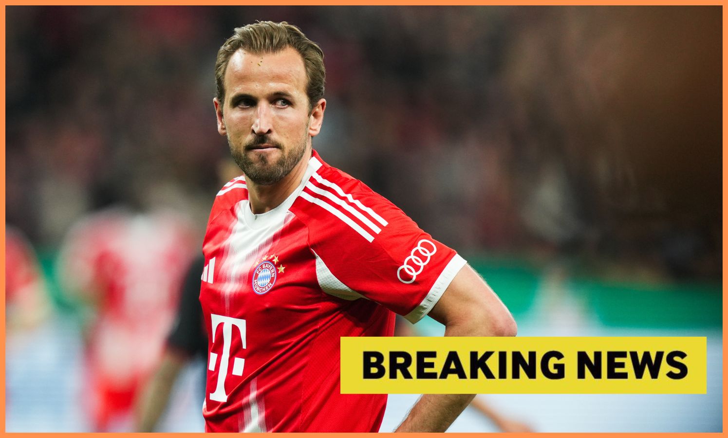 Bayern Munich striker Harry Kane and 'breaking news' banner