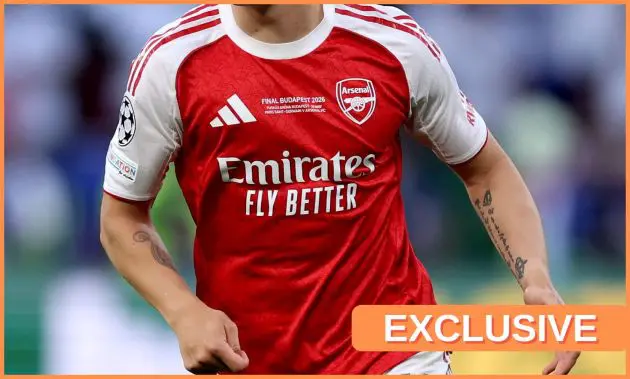 Leandro Trossard in action for Arsenal, plus 'exclusive' banner