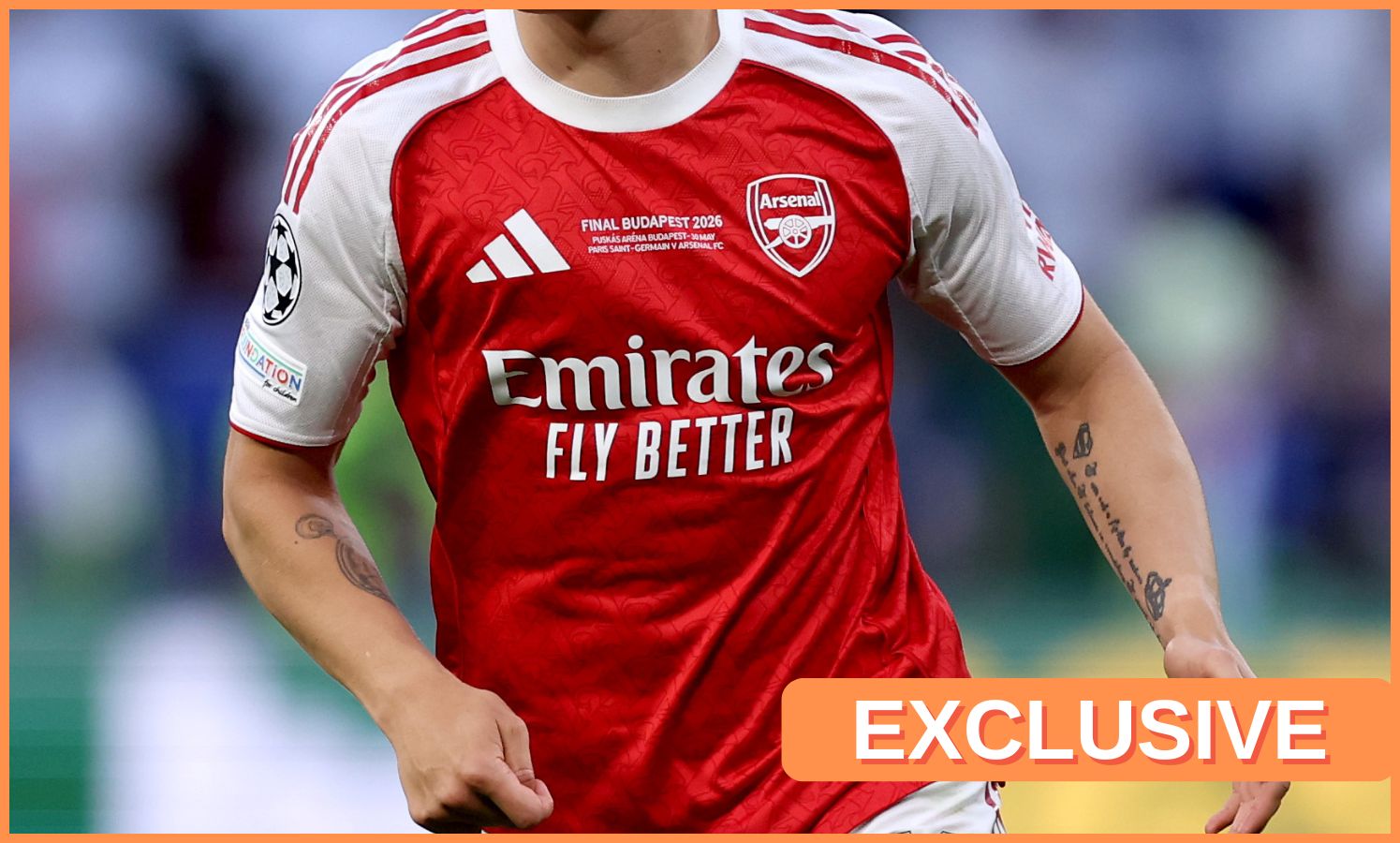 Leandro Trossard in action for Arsenal, plus 'exclusive' banner