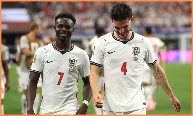 Bukayo Saka and Declan Rice react after England's World Cup 2026 win over Croatia