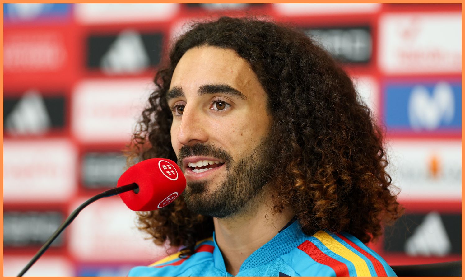 Marc Cucurella speaking at a press conference from Spain's World Cup base