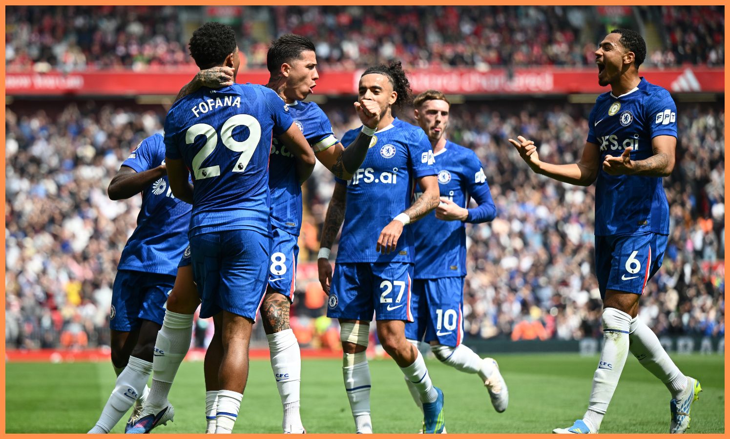 Enzo Fernandez celebrates with his Chelsea teammates