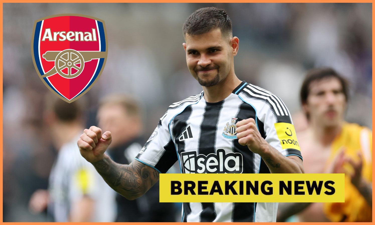 Bruno Guimaraes celebrates, Arsenal logo, and 'breaking news' banner