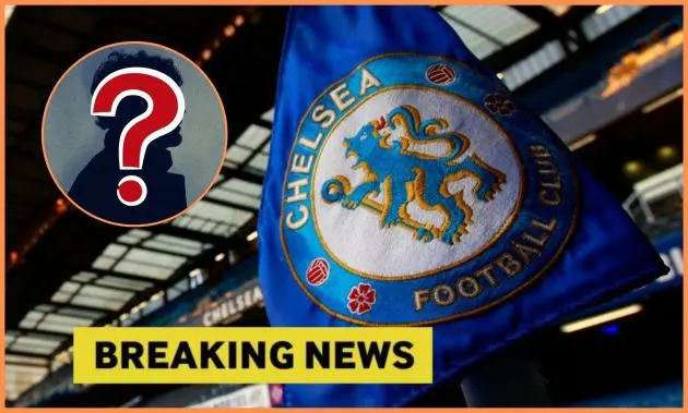 Chelsea flag with breaking news overlay and mystery player