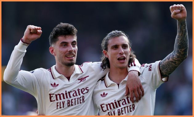 Kai Havertz and Riccardo Calafiori celebrate