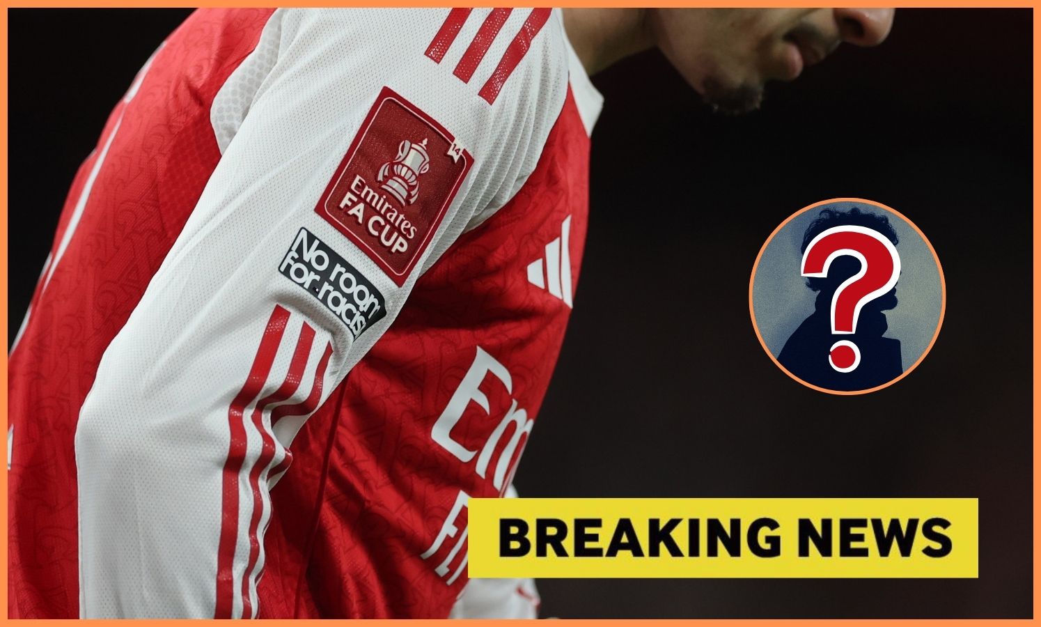 Arsenal player close-up and 'breaking news' banner