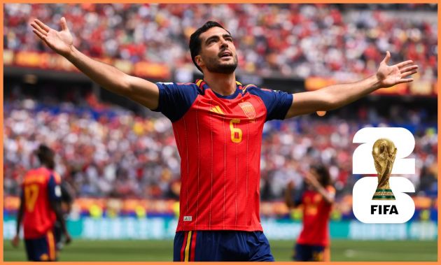 Mikel Merino celebrates a goal for Spain at the World Cup