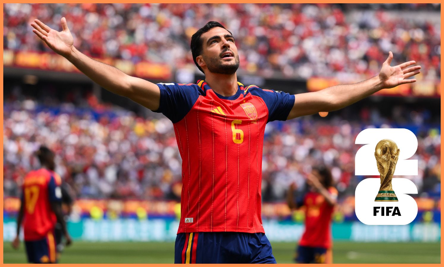 Mikel Merino celebrates a goal for Spain at the World Cup
