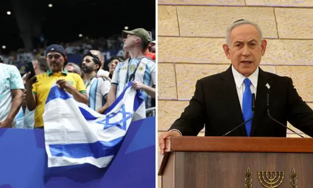 Split image of Argentina fans with Israeli flag and Benjamin Netanyahu