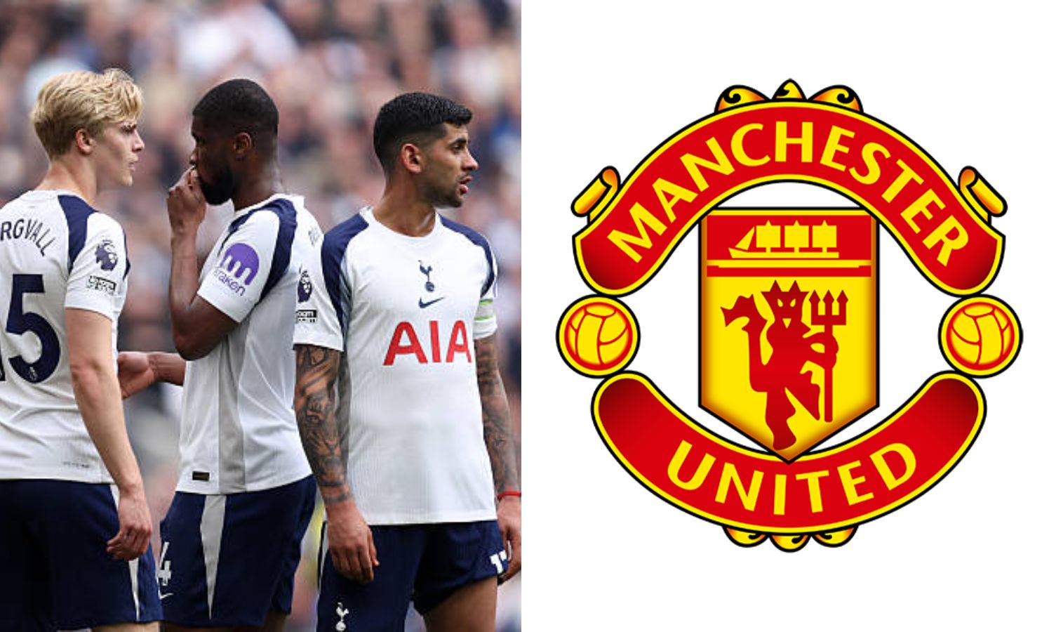 Lucas Bergvall celebrating with Tottenham players with split image of Man United badge