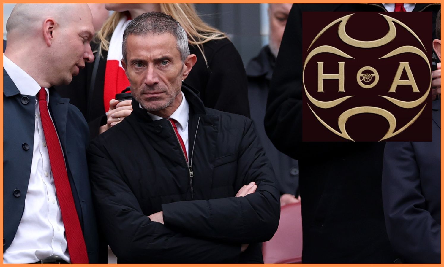 Arsenal director Andrea Berta and Hand of Arsenal logo