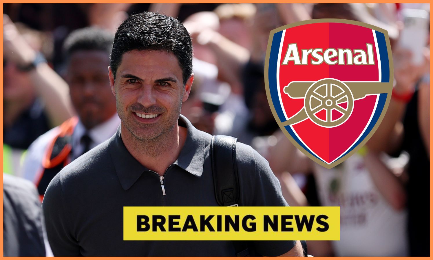 Arsenal manager Mikel Arteta plus breaking news banner