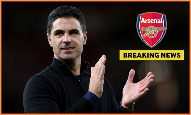 Arsenal manager Mikel Arteta and 'breaking news' banner