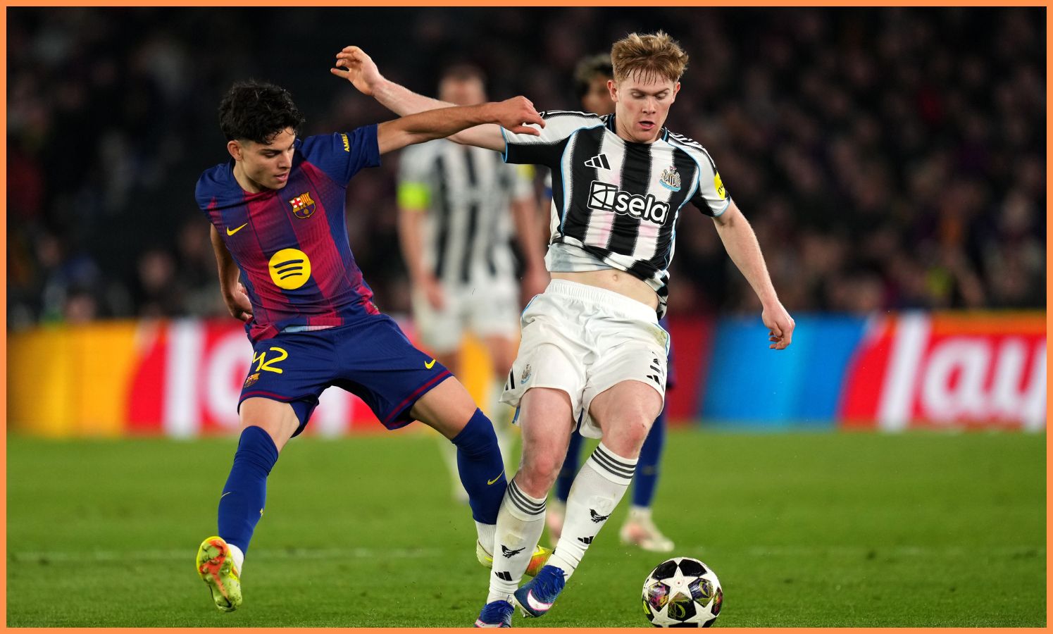 Lewis Hall in action for Newcastle vs Barcelona