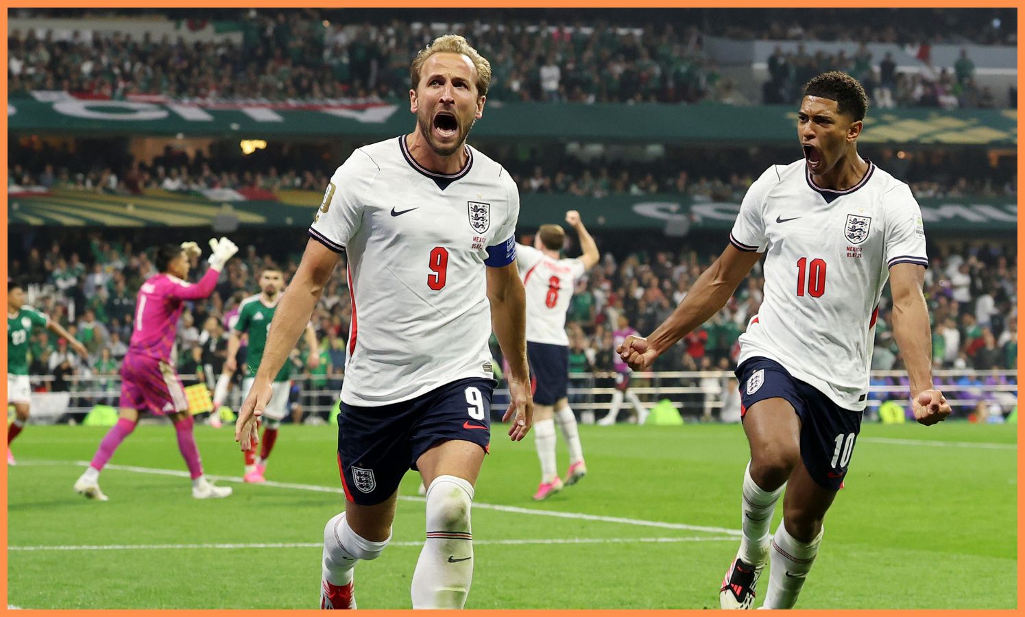 Harry Kane and Jude Bellingham celebrate in England's win vs Mexico