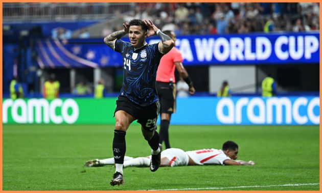 Enzo Fernandez celebrates scoring for Argentina against England
