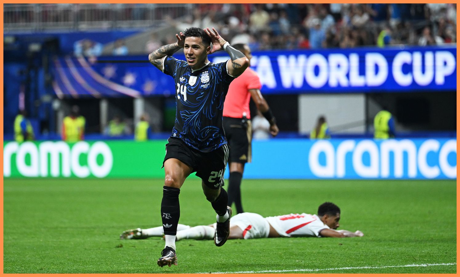 Enzo Fernandez celebrates scoring for Argentina against England