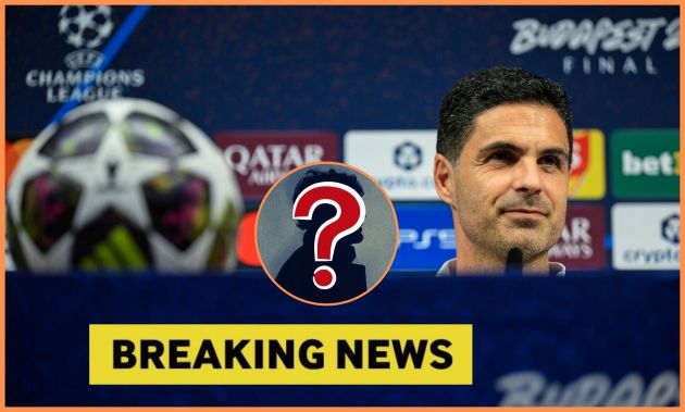 Arsenal manager Mikel Arteta at a press conference and 'breaking news' banner