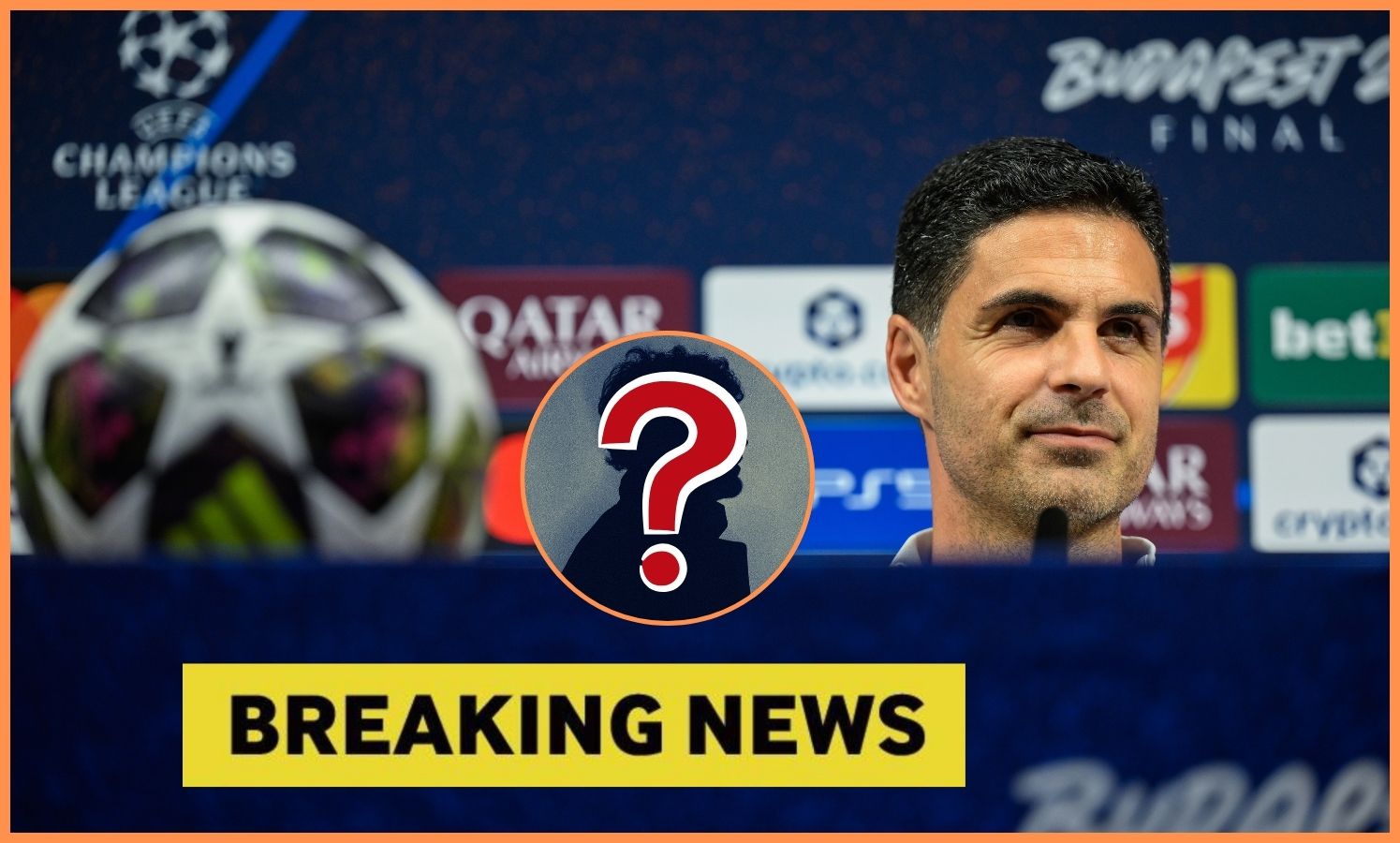 Arsenal manager Mikel Arteta at a press conference and 'breaking news' banner