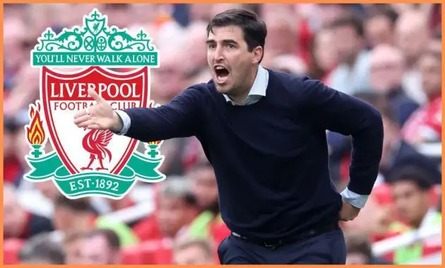 Liverpool manager Andoni Iraola and Liverpool badge