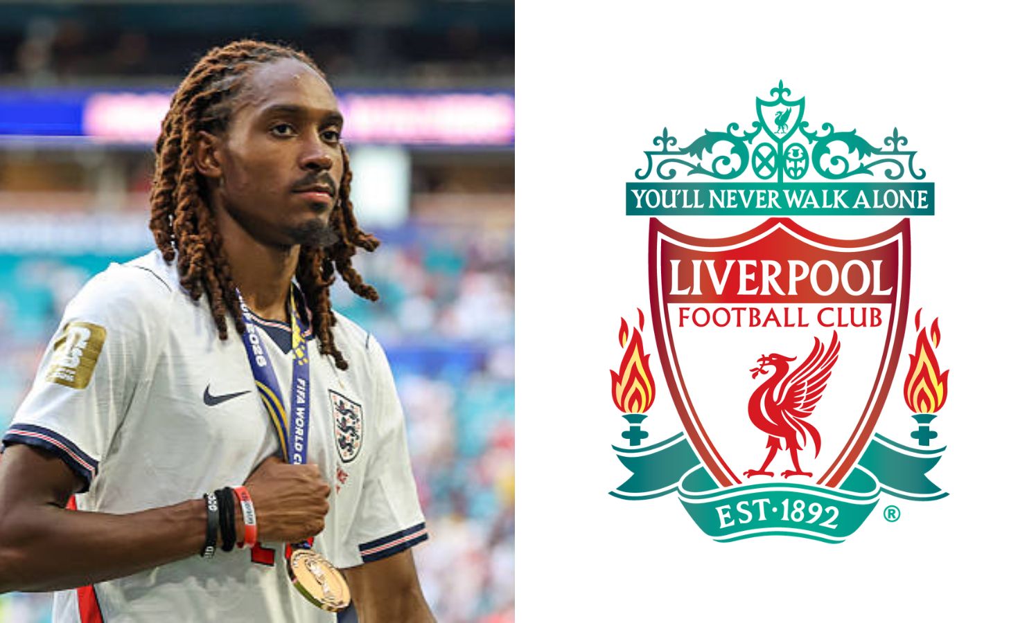Djed Spence and Livepool badge split image