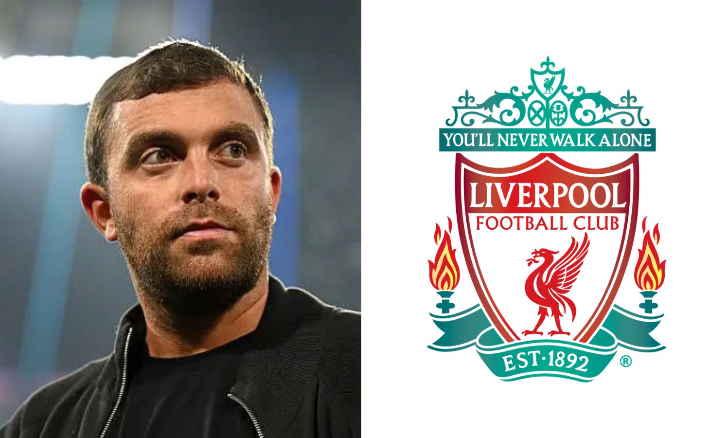 Fabrizio Romano and Liverpool badge split image