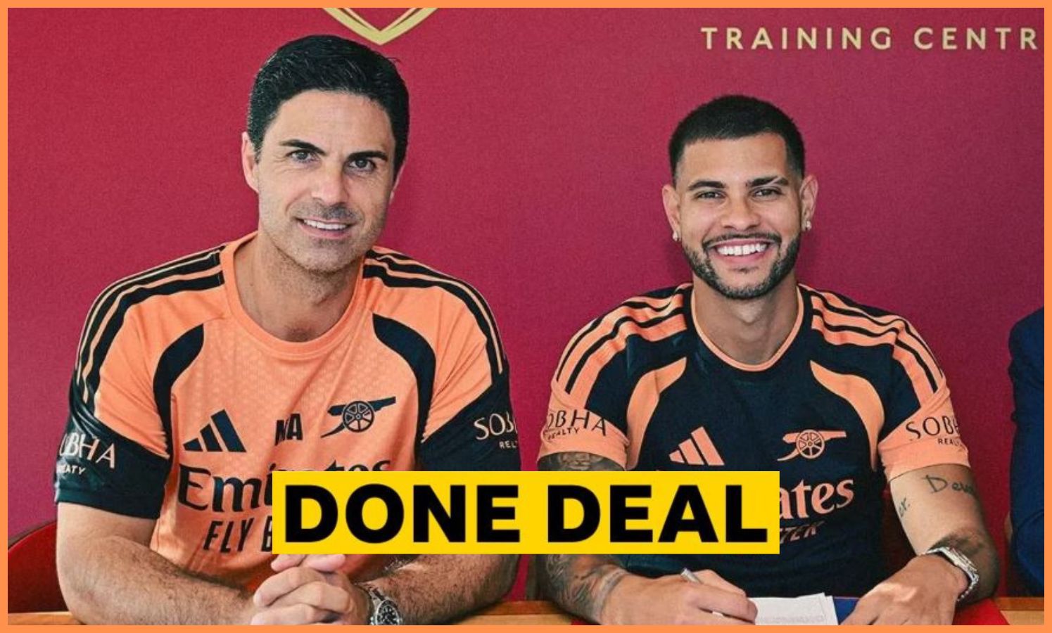 Bruno Guimaraes poses with Mikel Arteta