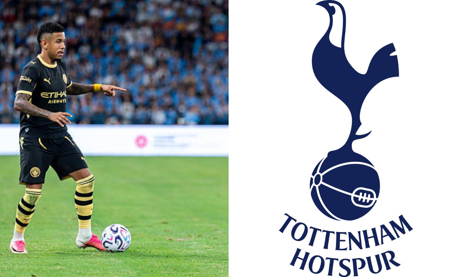 Split image of Savinho and Tottenham badge