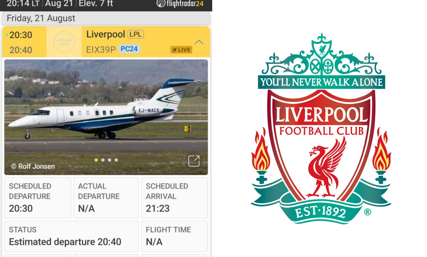 Split image of flight tracker and Liverpool badge