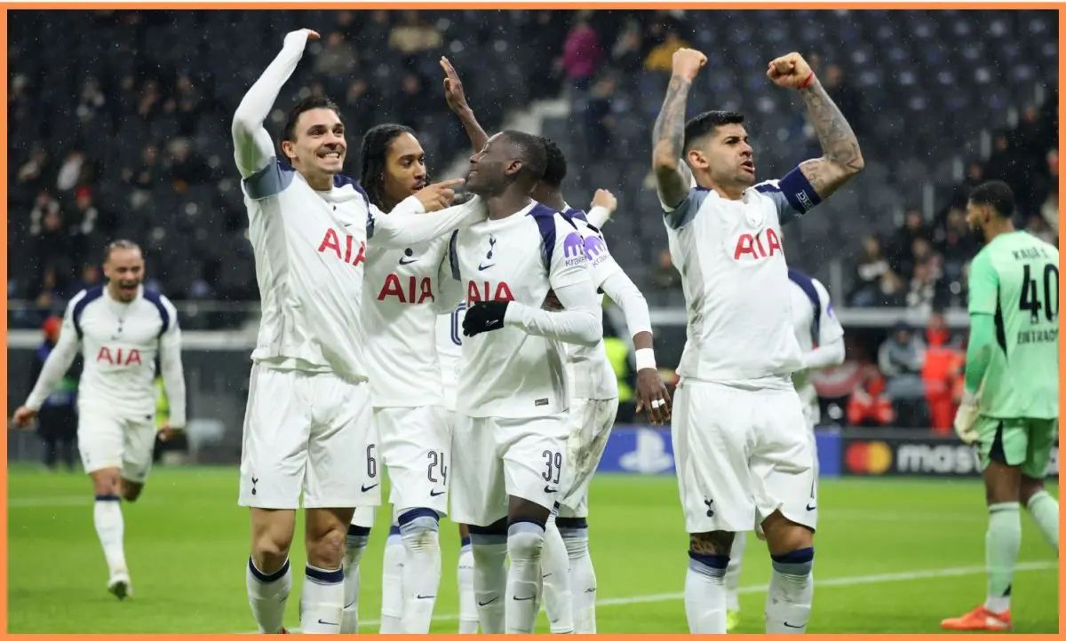 Djed Spence among Tottenham players celebrating a goal