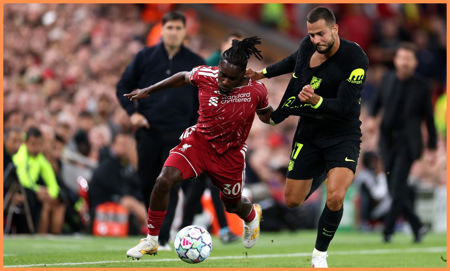 Jeremie Frimpong in action for Liverpool against Atletico Madrid